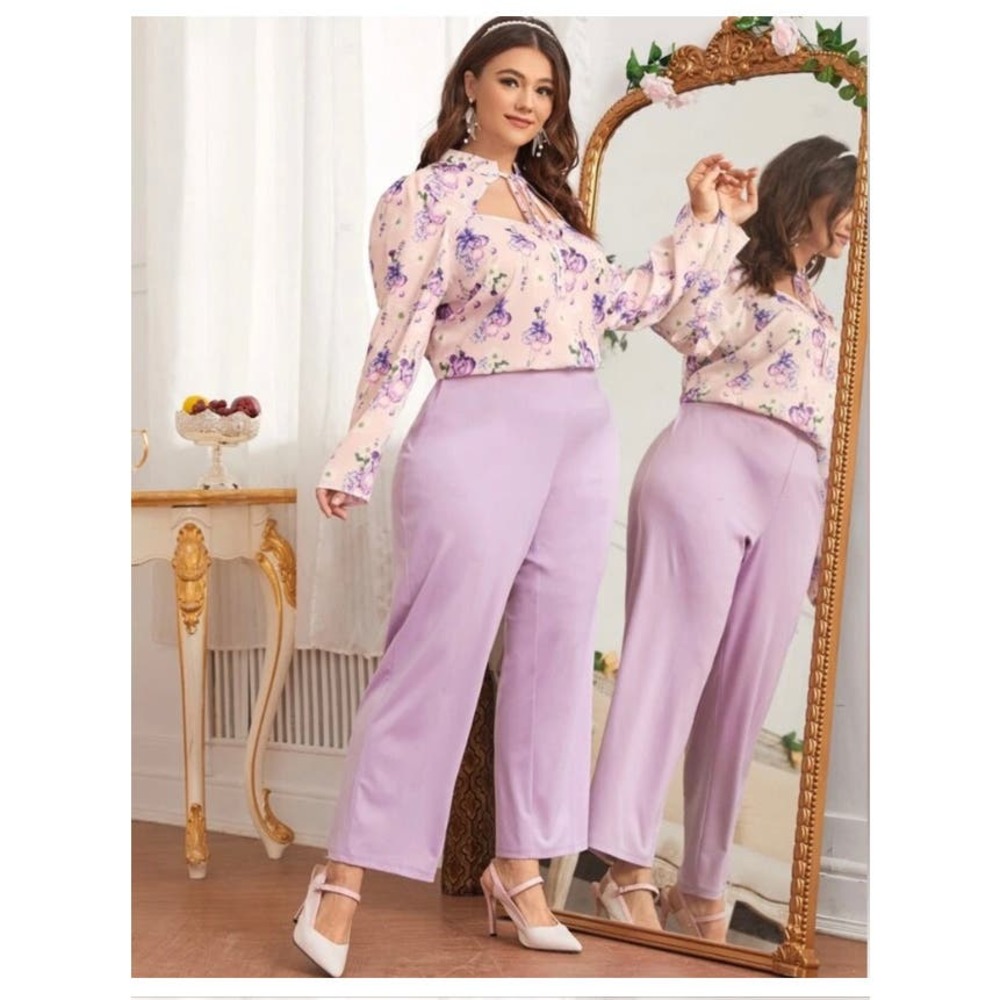 Lavender Pantsuit with Floral Print Shirt with Drawstring- Size 4X